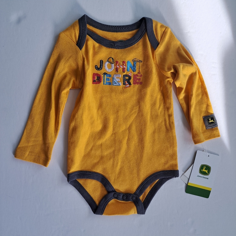 John Deere Yellow and Dark Gray Long-Sleeve Baby Bodysuit NWT